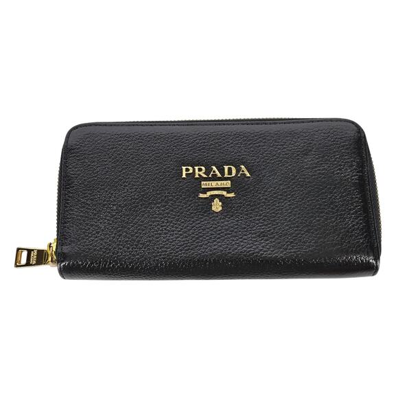 PRADA MILANO WOMEN'S BLACK LEATHER WALLET WITH GOLD ACCENTS